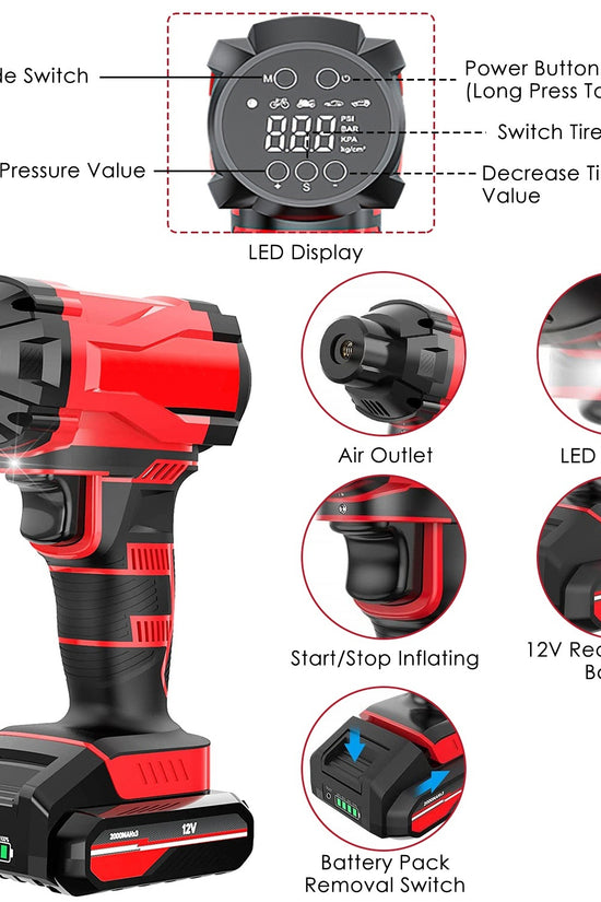 1Pc 150PSI Cordless Car Tire Inflator Rechargeable  2V Portable Electric Air Compressor With LED Light For Car Bike Motorcycle Ball