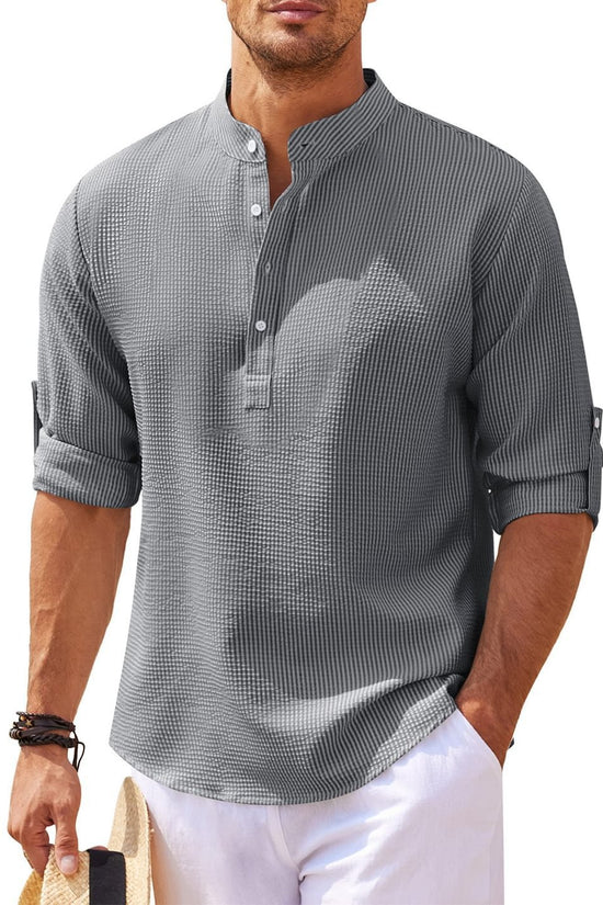 Men's Casual Shirt  Long Sleeve Stand Collar Solid Color Shirt Mens Clothing