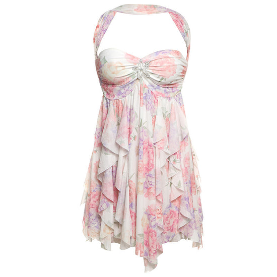 Ins Halter Neck Backless Dress Summer Sexy Printed Irregular Mesh Short Dresses For Evening Party Club Women's Clothing