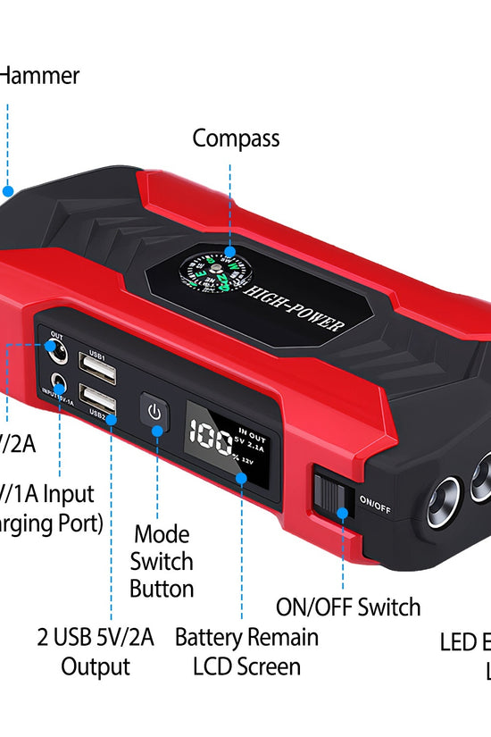 Car Jump Starter Booster 800A Peak 28000mAh 12V Battery Charger Up To 6.0L Gas Or 3.0L Diesel Engine With LCD Screen 4 Modes LED Flashlight