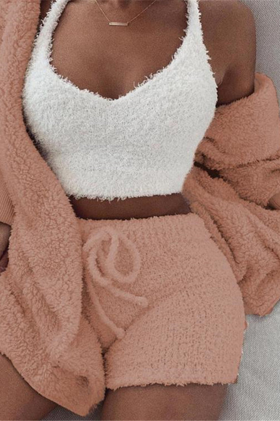 3pcs Womens Clothing Long Sleeve Crop Tank Top And Drawstring Shorts Pajama Set