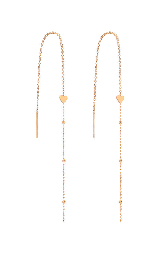Gold Bronze Heart Long Tassel Drop Earrings