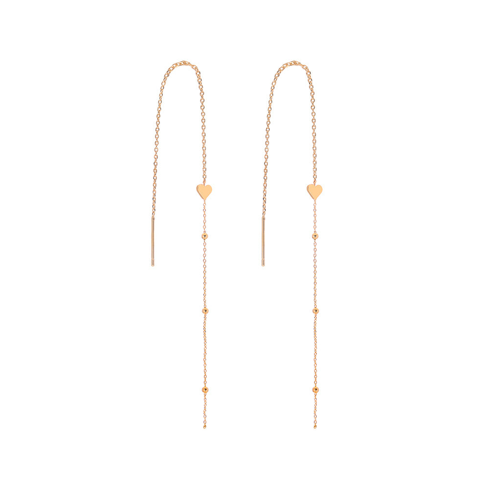 Gold Bronze Heart Long Tassel Drop Earrings