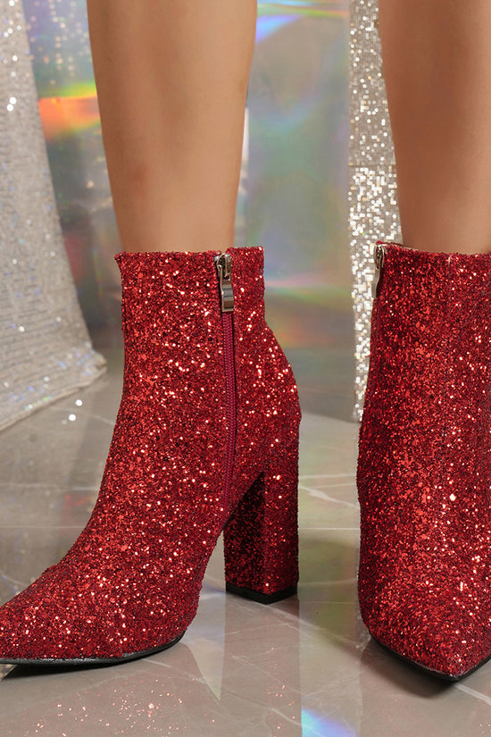Autumn And Winter Plus Size Pointed Toe Sequin Chunky Heel Women's Boots