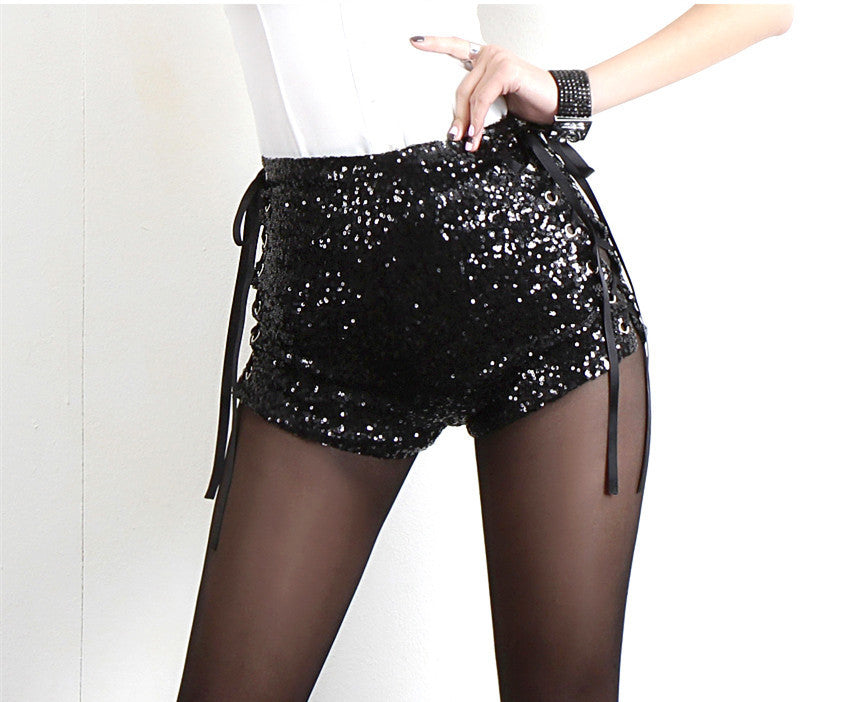 High Waist Sexy Strappy Cutout Sequin Shorts