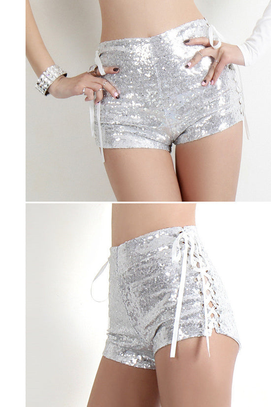 High Waist Sexy Strappy Cutout Sequin Shorts
