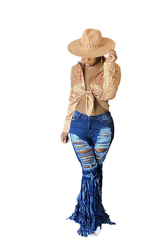 Casual Women Ripped Jeans Pants Falre Pants Denim Long Trousers