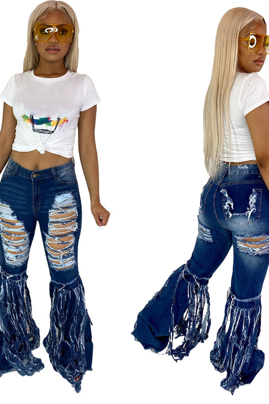 Casual Women Ripped Jeans Pants Falre Pants Denim Long Trousers