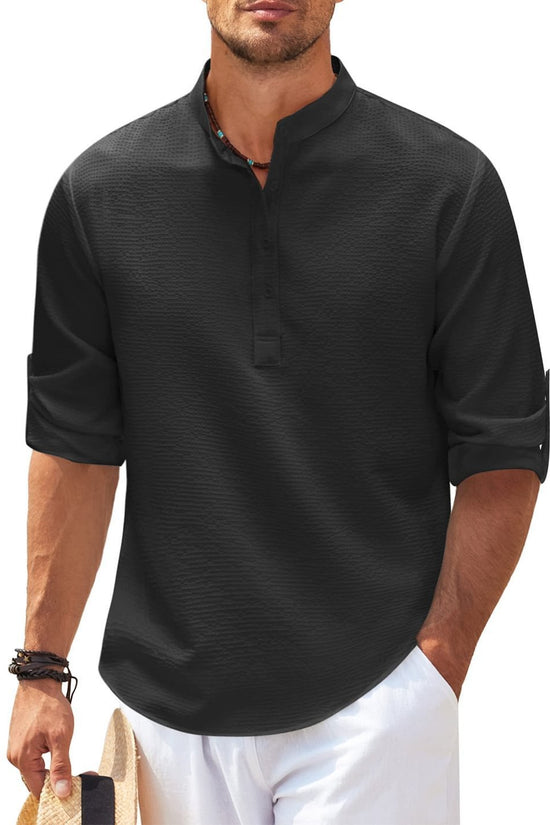 Men's Casual Shirt  Long Sleeve Stand Collar Solid Color Shirt Mens Clothing