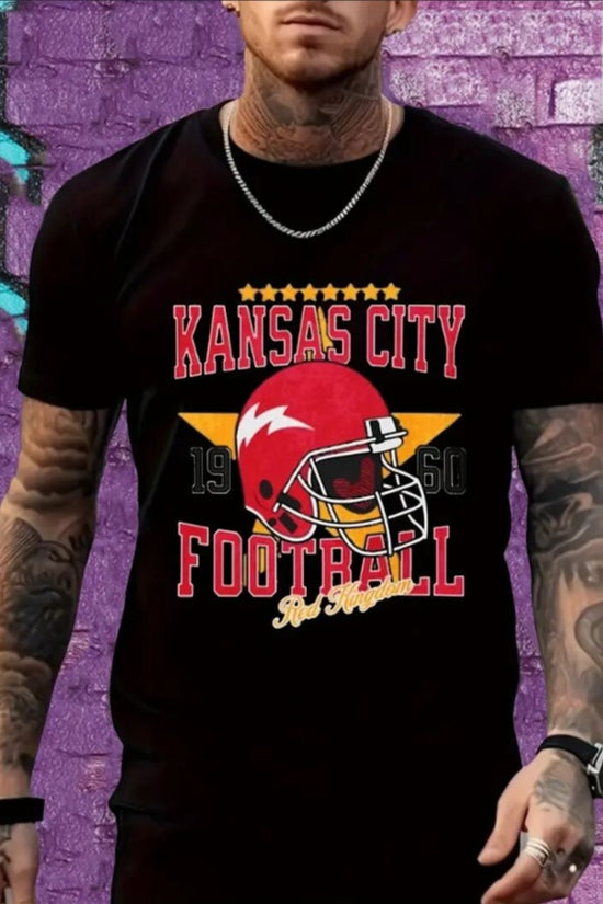 Large Size Men's KC Football Graphic Print Crew Neck Short-sleeved T-shirt, Casual Crew Neck, Slight Stretch, Knitted Fabric Suitable For All Seasons, Regular Fit