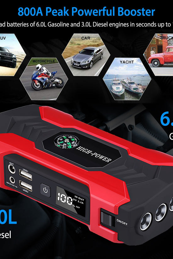 Car Jump Starter Booster 800A Peak 28000mAh 12V Battery Charger Up To 6.0L Gas Or 3.0L Diesel Engine With LCD Screen 4 Modes LED Flashlight