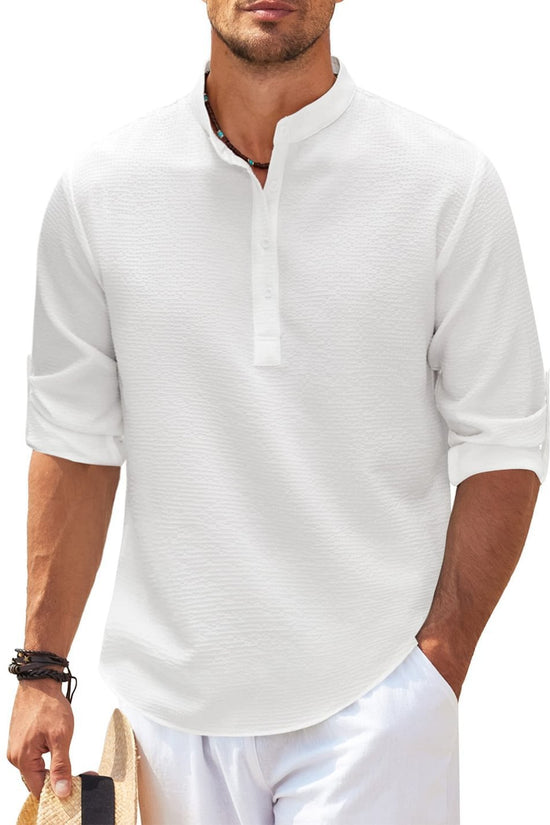 Men's Casual Shirt  Long Sleeve Stand Collar Solid Color Shirt Mens Clothing