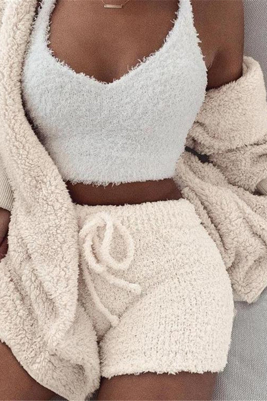 3pcs Womens Clothing Long Sleeve Crop Tank Top And Drawstring Shorts Pajama Set