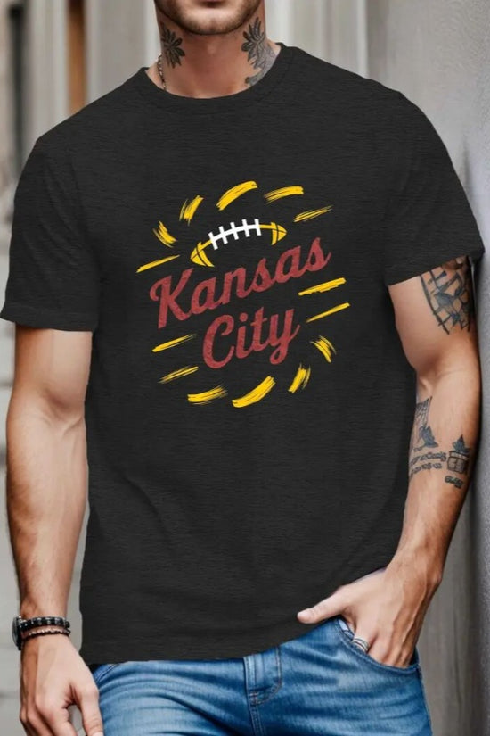Large Size Men's KC Football Graphic Print Crew Neck Short-sleeved T-shirt, Casual Crew Neck, Slight Stretch, Knitted Fabric Suitable For All Seasons, Regular Fit