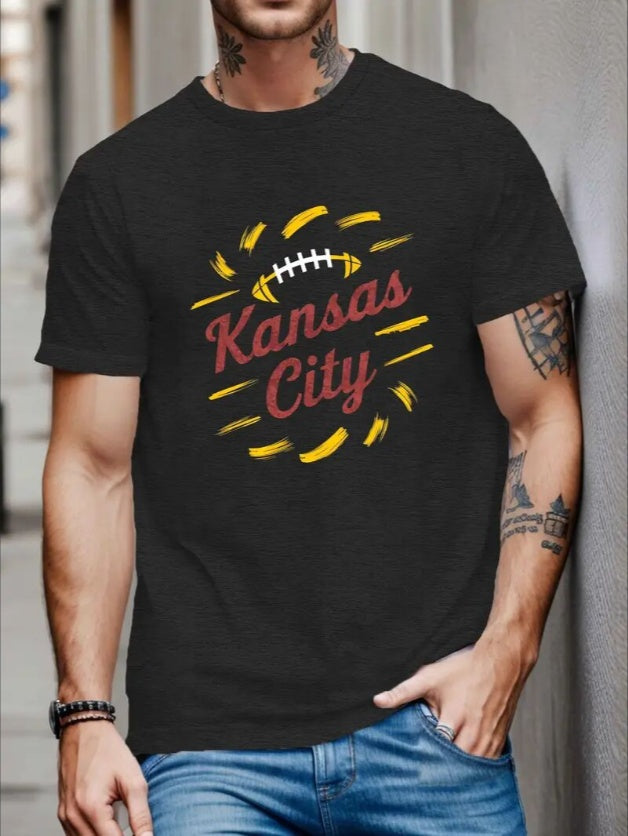 Large Size Men's KC Football Graphic Print Crew Neck Short-sleeved T-shirt, Casual Crew Neck, Slight Stretch, Knitted Fabric Suitable For All Seasons, Regular Fit