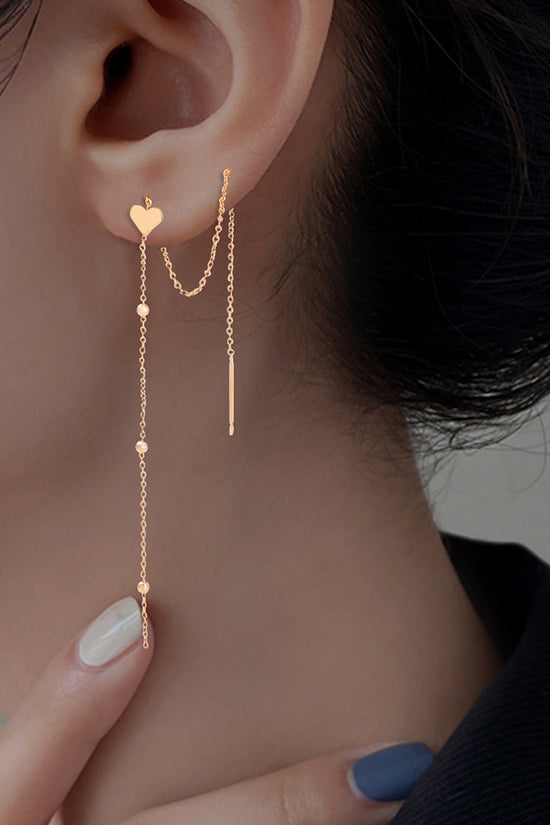 Gold Bronze Heart Long Tassel Drop Earrings