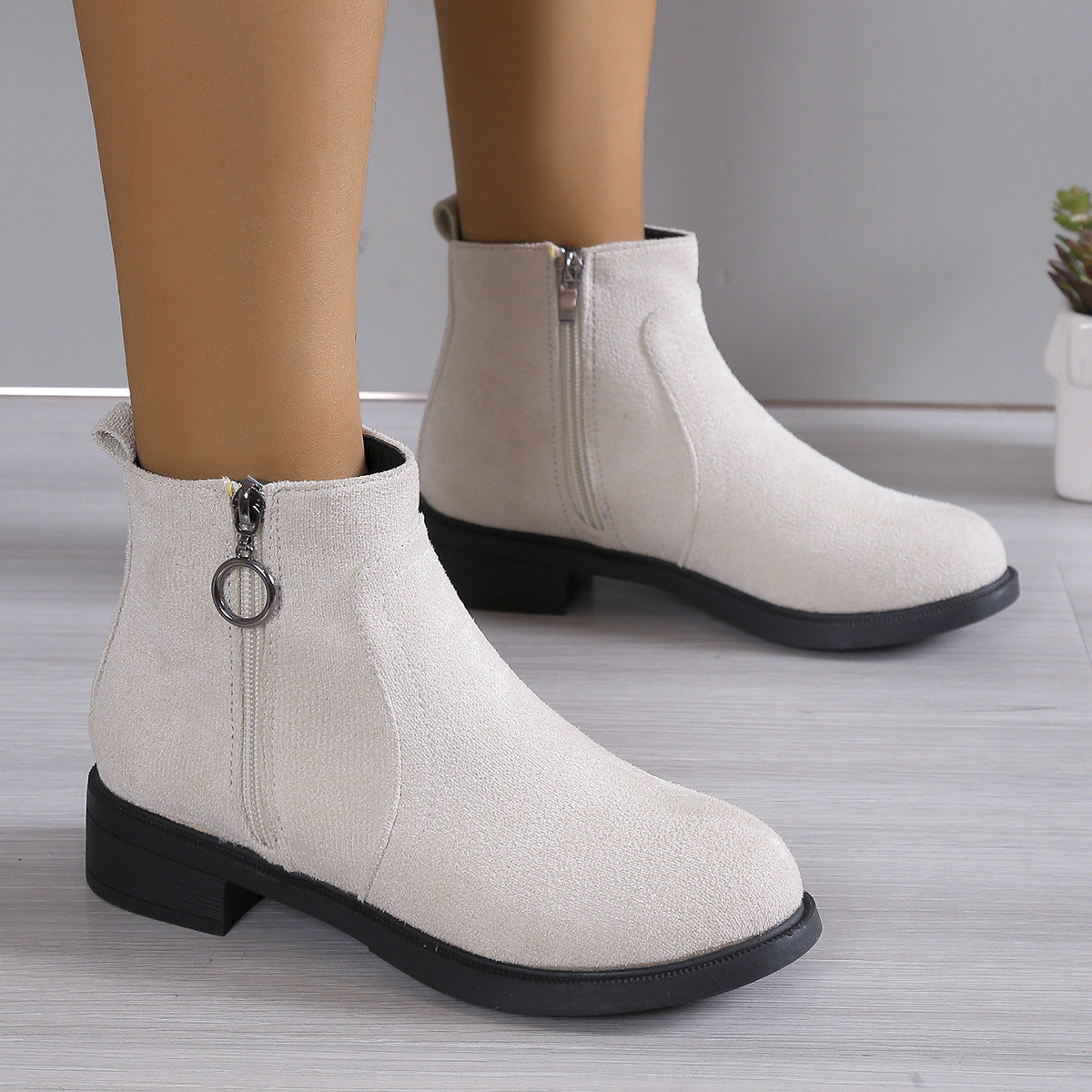 Square Heel Suede Round Buckle Side Zipper Short Tube Female Plus Size