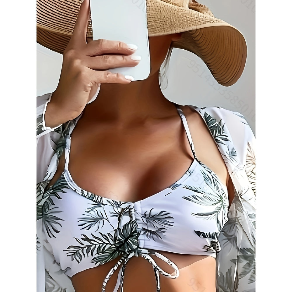 Cross-border Foreign Trade Women's Swimsuit Sexy Three-piece Printed Bikini Green Leaf Swimsuit European And American Swimsuit Seaside Vacation