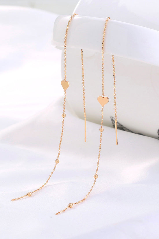 Gold Bronze Heart Long Tassel Drop Earrings