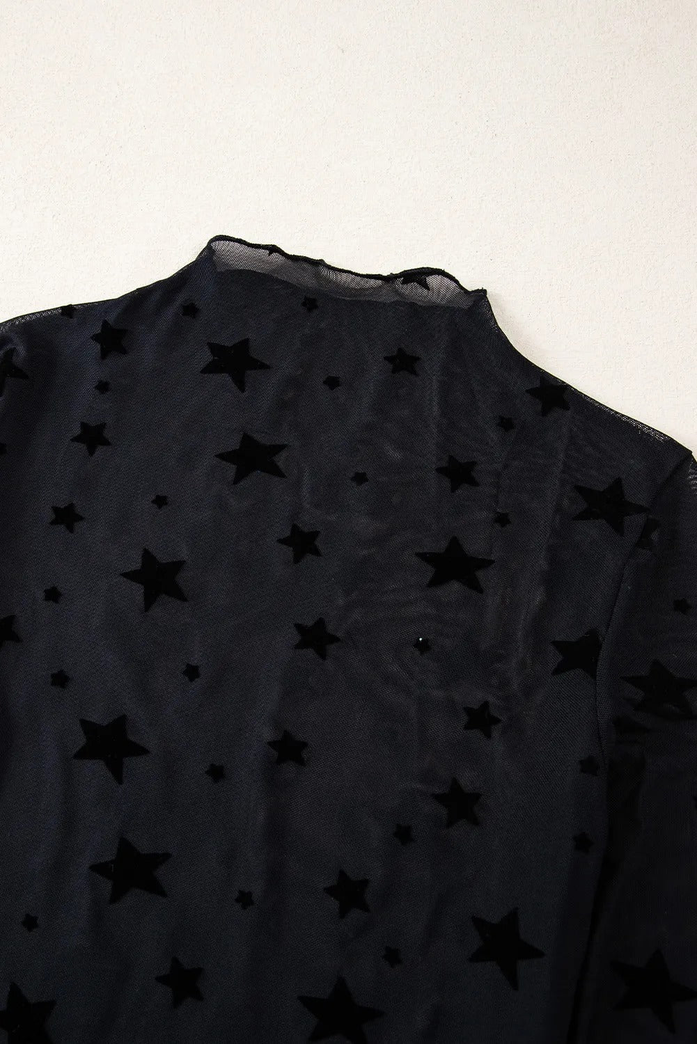 Black Star Embellished Sheer Mesh Long Sleeve Top