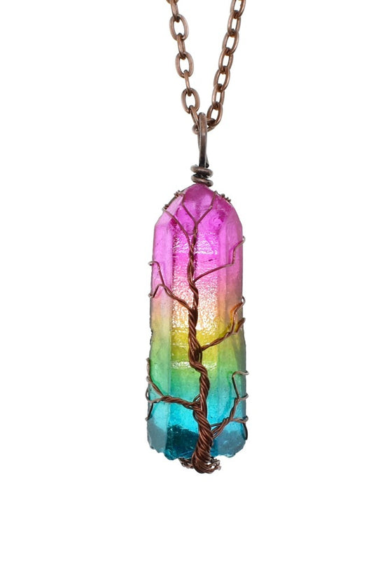 Hot Selling Stone Crystal Pillar Tree Of Life Pendant Ins Fashion Necklace