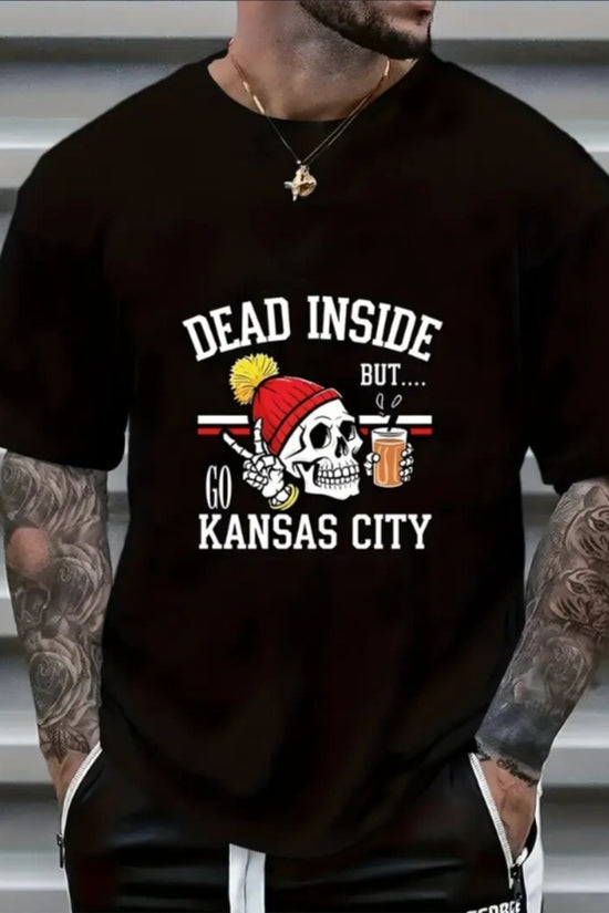 Large Size Men's KC Football Graphic Print Crew Neck Short-sleeved T-shirt, Casual Crew Neck, Slight Stretch, Knitted Fabric Suitable For All Seasons, Regular Fit