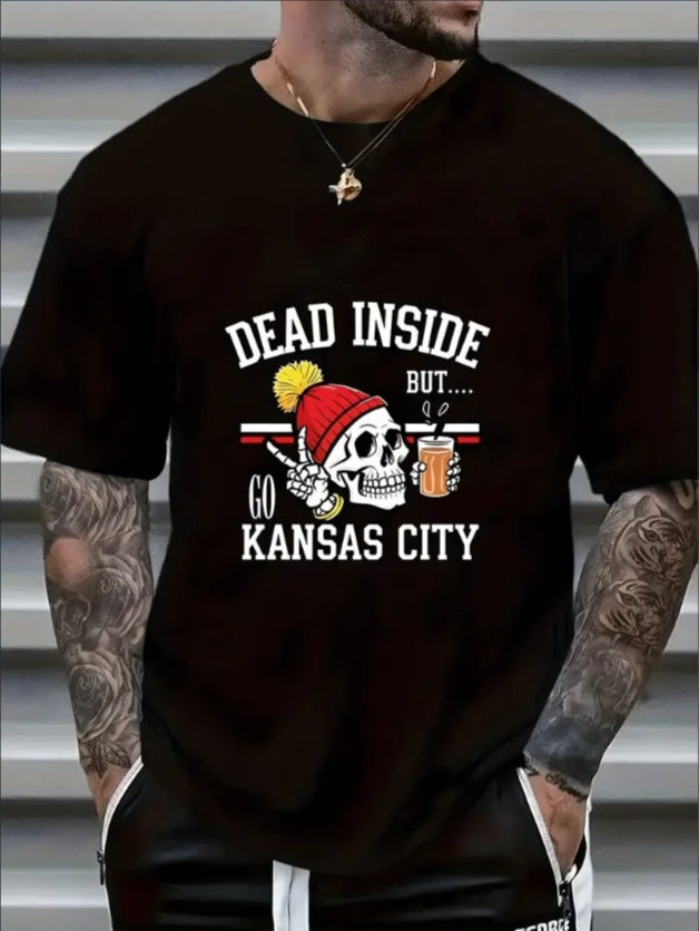 Large Size Men's KC Football Graphic Print Crew Neck Short-sleeved T-shirt, Casual Crew Neck, Slight Stretch, Knitted Fabric Suitable For All Seasons, Regular Fit