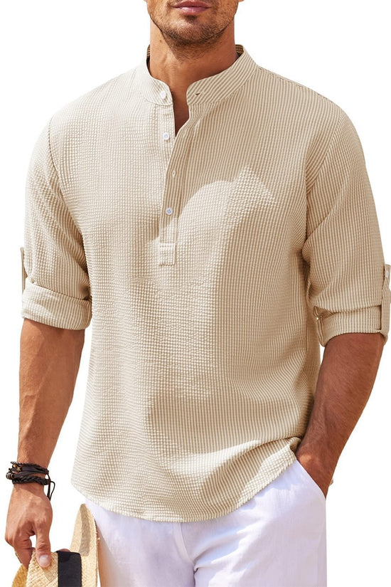 Men's Casual Shirt  Long Sleeve Stand Collar Solid Color Shirt Mens Clothing