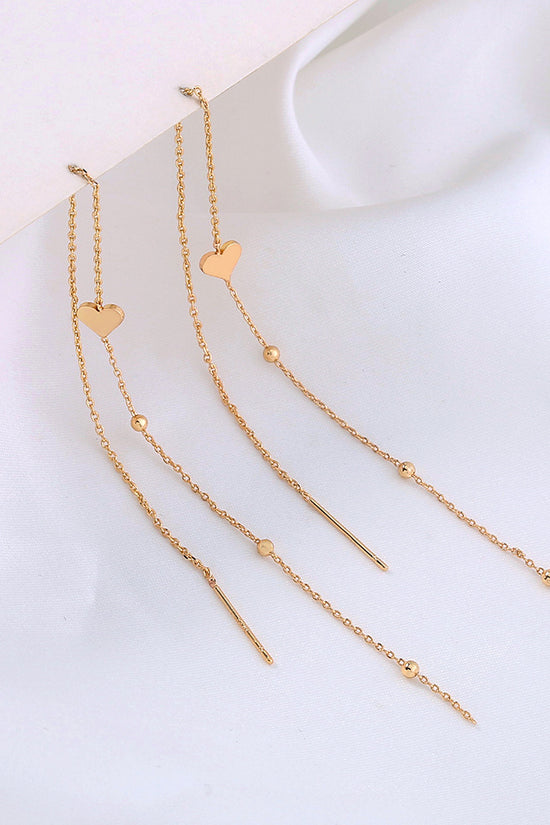 Gold Bronze Heart Long Tassel Drop Earrings