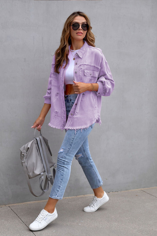 Fashion Ripped Shirt Jacket Female Autumn And Spring Casual Tops Womens Clothing