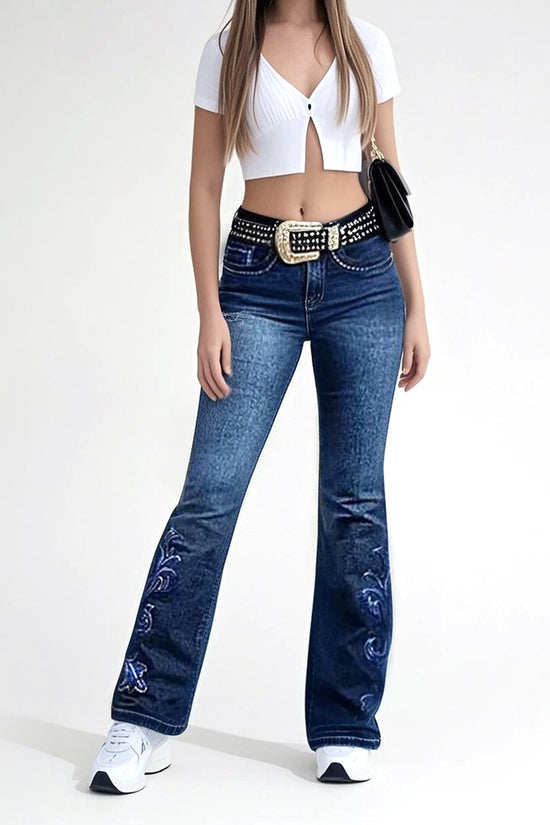Sculpt Your Curves With Our Butt-Lifting Bootcut Jeans Our Mid-Rise Bootcut Features Intricate Statement Embroidery Down The Leg And On The Pockets.