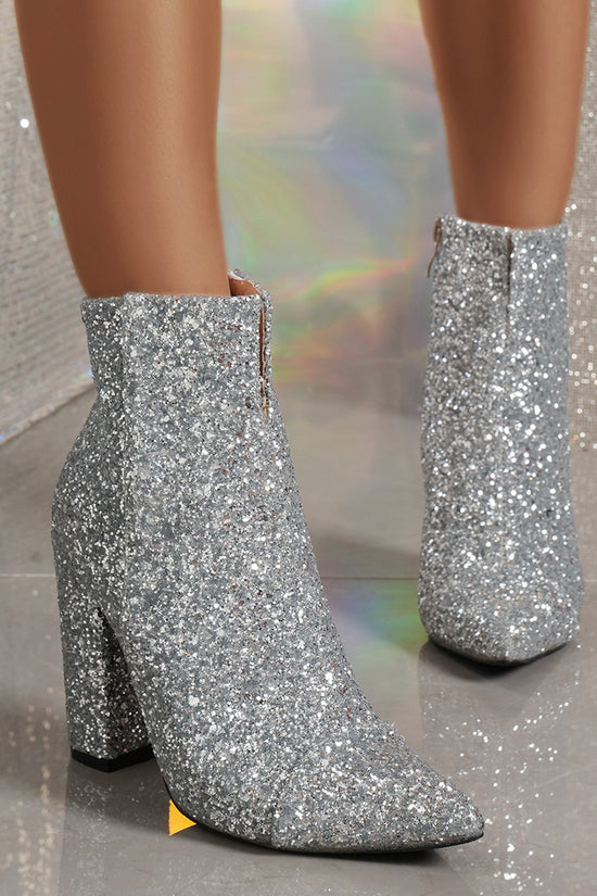 Autumn And Winter Plus Size Pointed Toe Sequin Chunky Heel Women's Boots