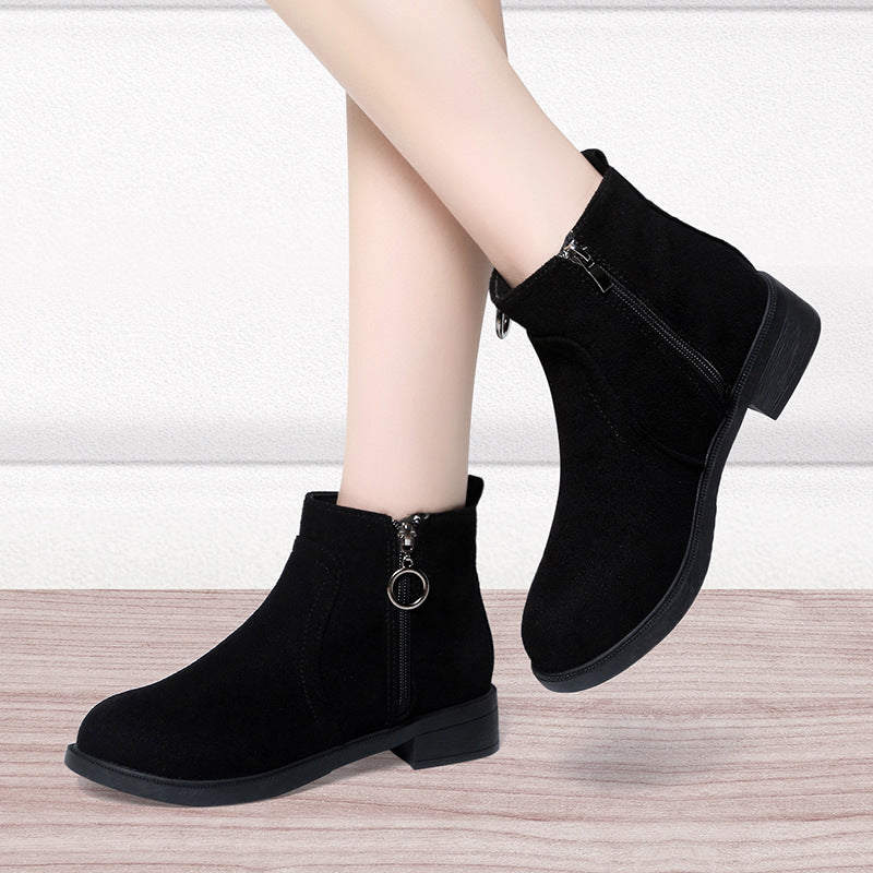 Square Heel Suede Round Buckle Side Zipper Short Tube Female Plus Size