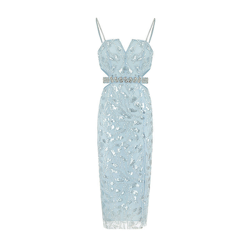 Hollow Jeweled Camisole Gown Socialite Advanced Embellished Sequin Bead Dress For Women