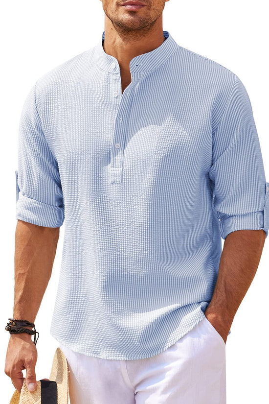Men's Casual Shirt  Long Sleeve Stand Collar Solid Color Shirt Mens Clothing