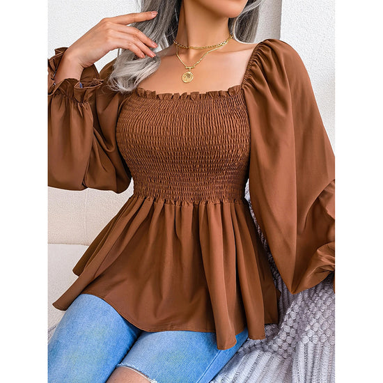 Women's Peplum Tops Square Neck Ruffle Trim Long Sleeve Blouse Smocked Top Dressy Casual Shirts