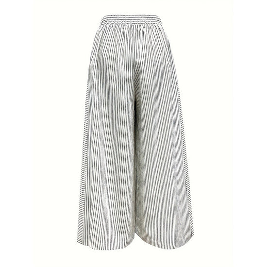 Womens Summer Casual Loose Striped Wide Leg Lounge Pants Elastic Waist Trousers With Button Details