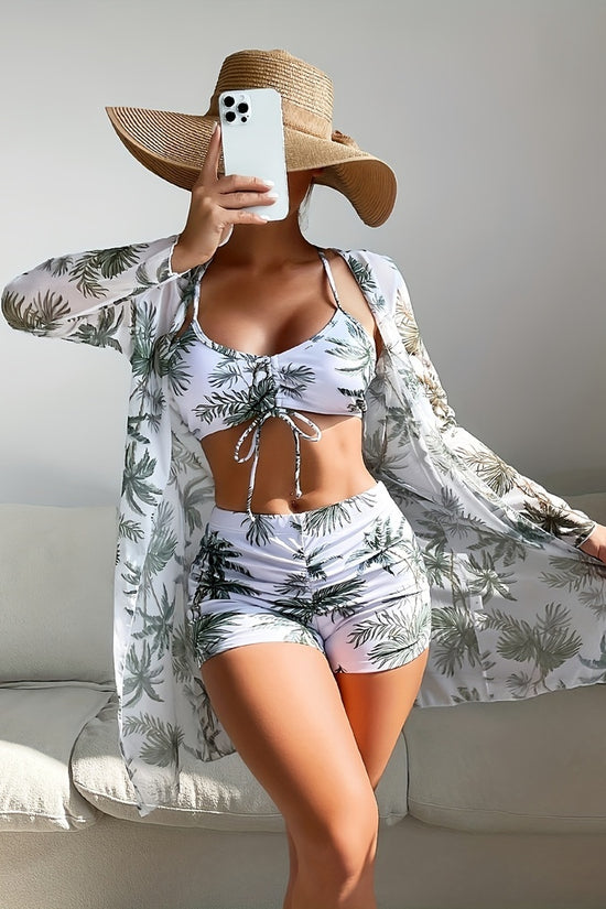 Cross-border Foreign Trade Women's Swimsuit Sexy Three-piece Printed Bikini Green Leaf Swimsuit European And American Swimsuit Seaside Vacation