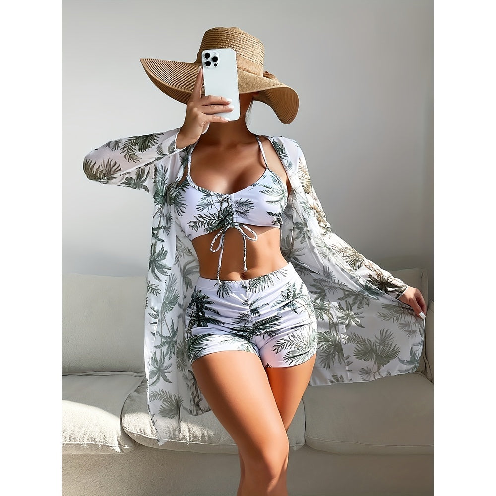 Cross-border Foreign Trade Women's Swimsuit Sexy Three-piece Printed Bikini Green Leaf Swimsuit European And American Swimsuit Seaside Vacation