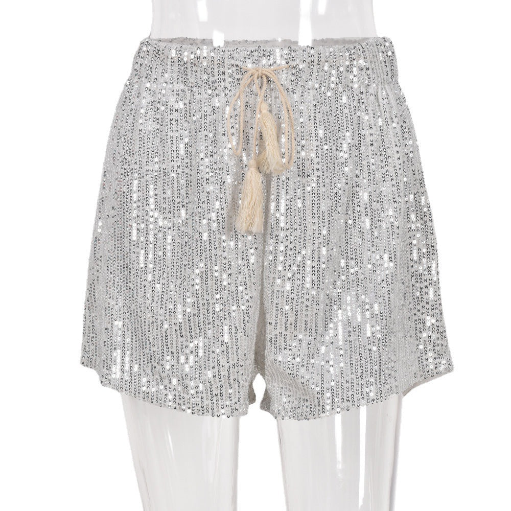 Ladies Fashion Loose Sequin Belt Shorts