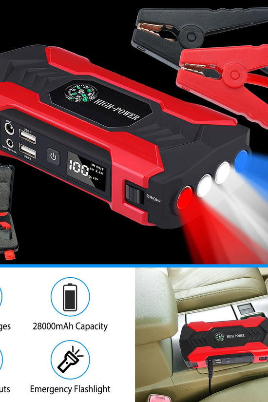 Car Jump Starter Booster 800A Peak 28000mAh 12V Battery Charger Up To 6.0L Gas Or 3.0L Diesel Engine With LCD Screen 4 Modes LED Flashlight