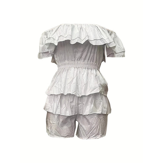 Womens Sexy Off Shoulder Rompers Summer Ruffle Short Sleeve Tiered Short Jumpsuits