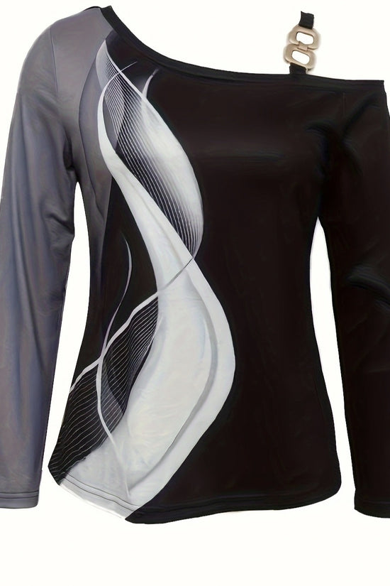 Women's Asymmetrical Design Metal Buckle Shoulder Abstract Print Long Sleeved Autumn And Winter T-shirt