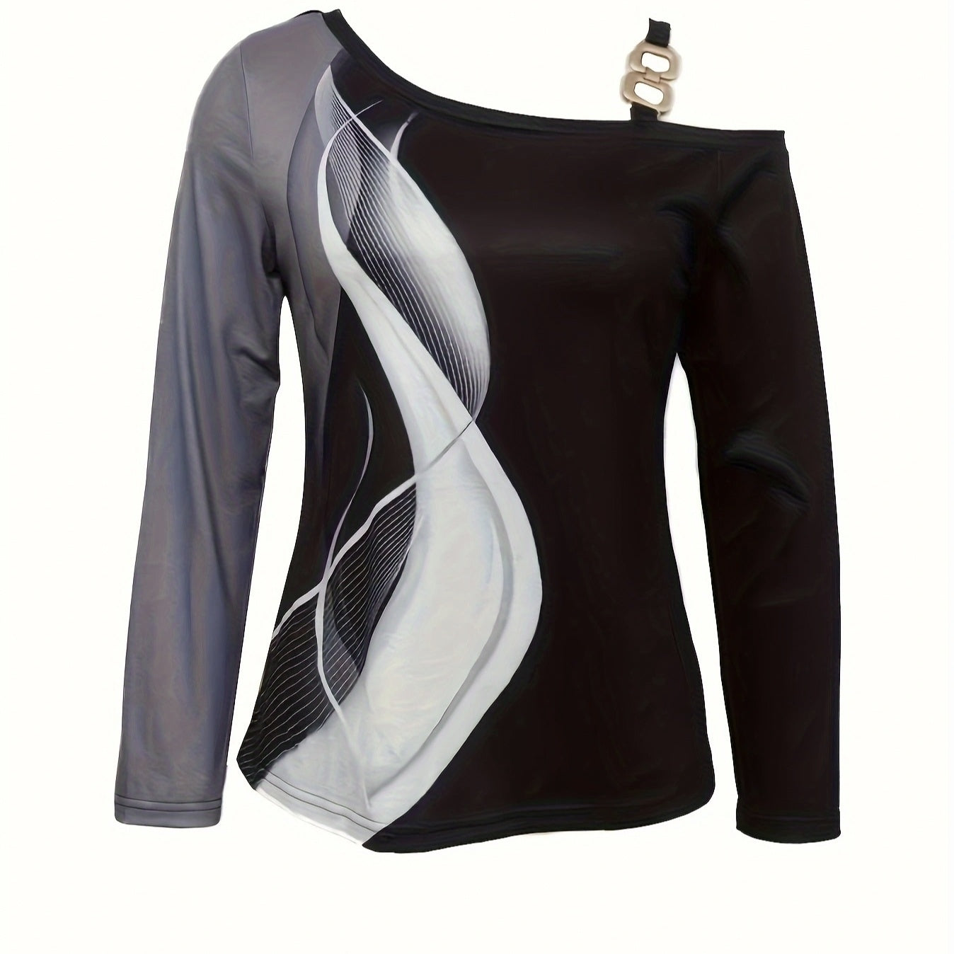 Women's Asymmetrical Design Metal Buckle Shoulder Abstract Print Long Sleeved Autumn And Winter T-shirt