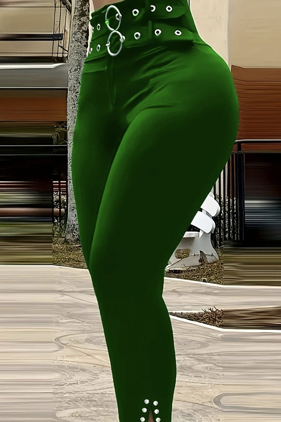 Ladies' Buckle And High Waisted Perforated Pants Sexy Slim Fit Pants Sexy Versatile New Clothes