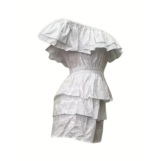 Womens Sexy Off Shoulder Rompers Summer Ruffle Short Sleeve Tiered Short Jumpsuits