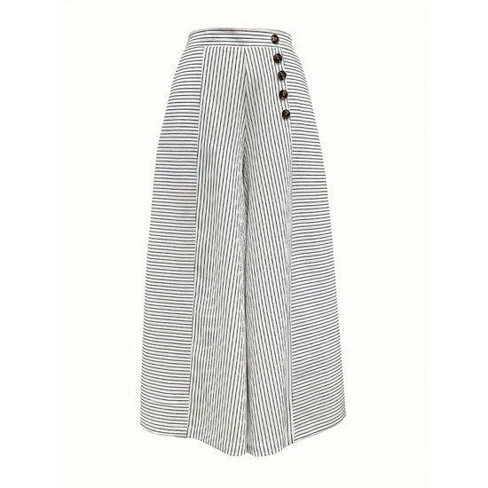 Womens Summer Casual Loose Striped Wide Leg Lounge Pants Elastic Waist Trousers With Button Details