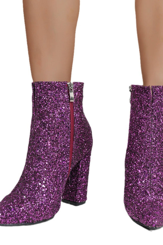Autumn And Winter Plus Size Pointed Toe Sequin Chunky Heel Women's Boots