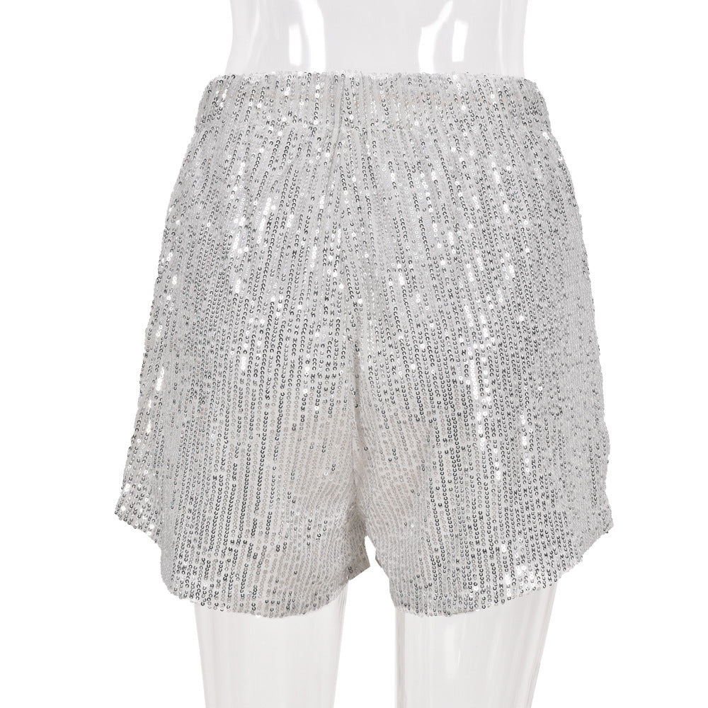 Ladies Fashion Loose Sequin Belt Shorts