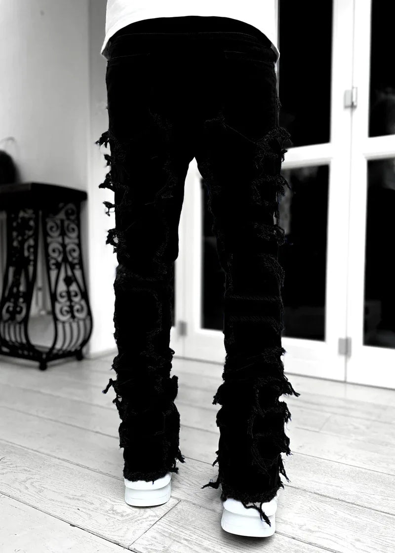 Fashion Stretch Patch Mens Jeans Patchwork Creative Tassels Decoration Straight Denim Trousers for Men Hip Hop Jean Pants